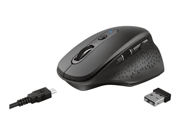 Trust Ozaa - Mus - multienhet - høyrehendt - optisk - 6 knapper - trådløs - 2.4 GHz, Bluetooth - USB trådløs mottaker - svart