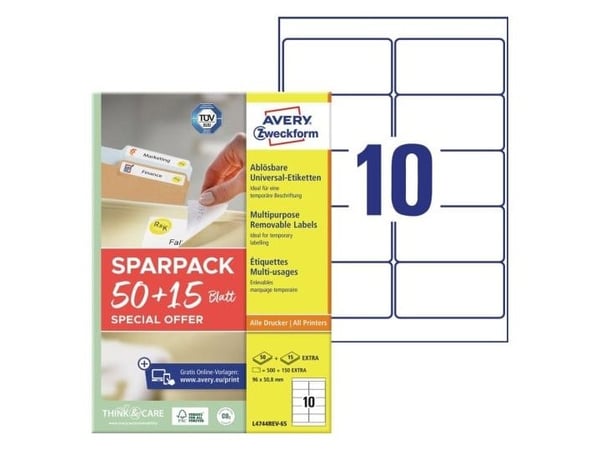 Avery L4744REV-65, hvit, selvklebende skriveretikett, A4, papir, laser/blekkstråleskriver, avtagbar