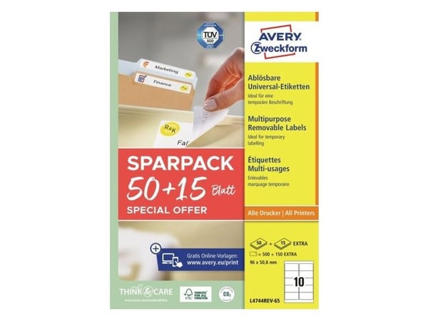 Avery L4744REV-65, Valkoinen, Itse kiinnittyvä tulostintarra, A4, Paperi, Laser/Inkjet, Irroitettava