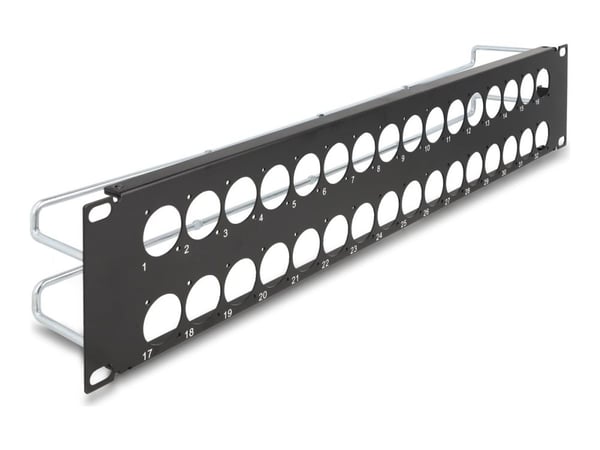 Delock - Pluggbord (blankt) - D-type, strain reliefs - rackmonterbar - svart - 2U - 19" - 32 porter