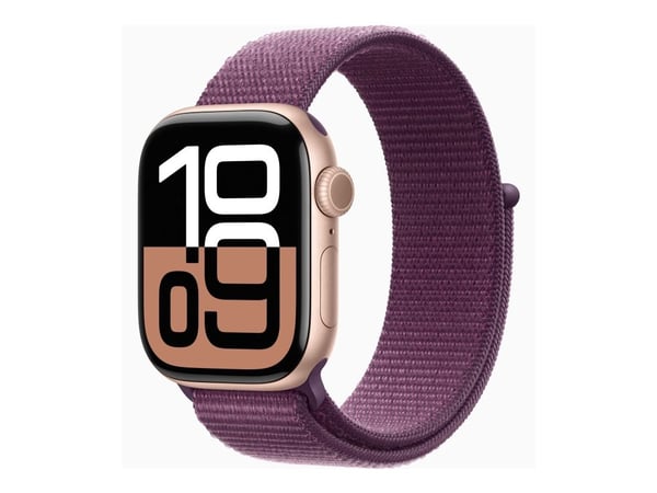 Apple Watch Series 10 (GPS + Cellular) - 42 mm - rosegull aluminium - smartklokke med sportssløyfe - myk dobbeltlagsnylon - plomme - håndleddstørre...