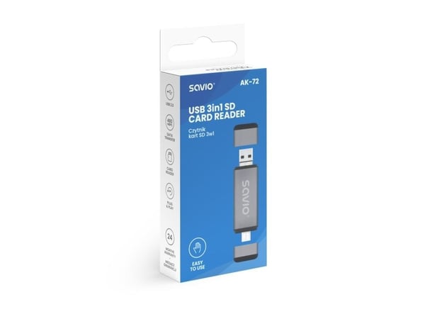 Savio 3-i-1 SD-kortleser, USB-C+ USB-A 2.0+ Micro USB, AK-72