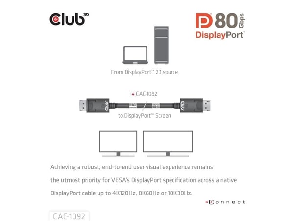 CLUB3D CAC-1092, 1,6 m, DisplayPort, DisplayPort, Hanstik, Hanstik, 10240 x 4320 piksler