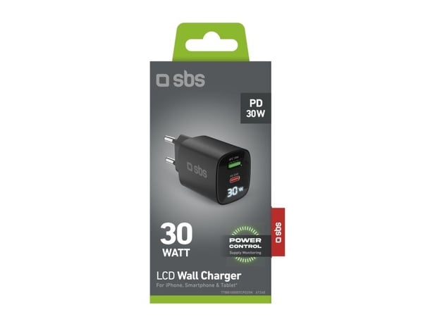 30W SBS GaN-laturi, USB-C, LCD, Juodas, Juodas