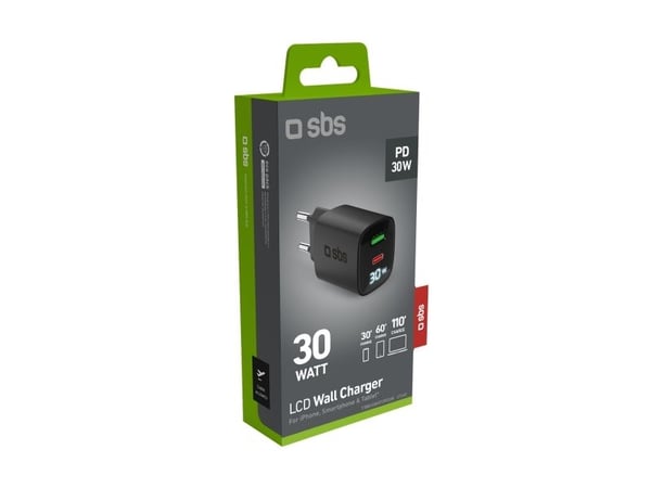 30W SBS GaN-laturi, USB-C, LCD, Juodas, Juodas
