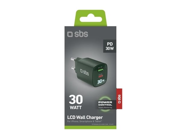 SBS GaN 30W laturi, USB-C, LCD, vihreä