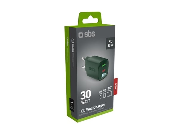 SBS GaN 30W laturi, USB-C, LCD, vihreä