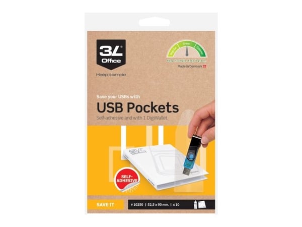 USB-fickor 3L® Djois självhäftande HxB 9 x 5,25 cm transparent 10-pack