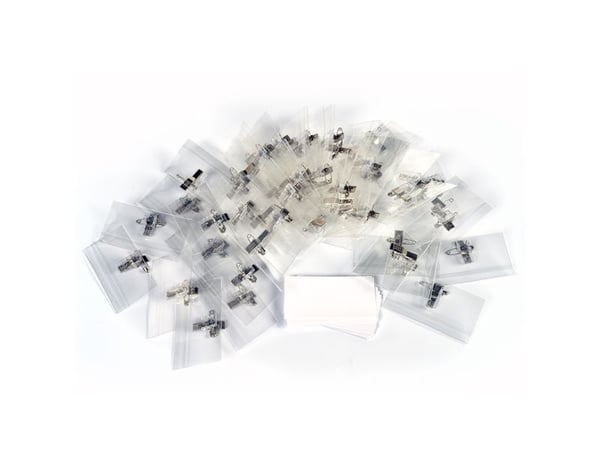 Navneskilte 40x75 mm med clip, nål & indstik - (50 stk.)