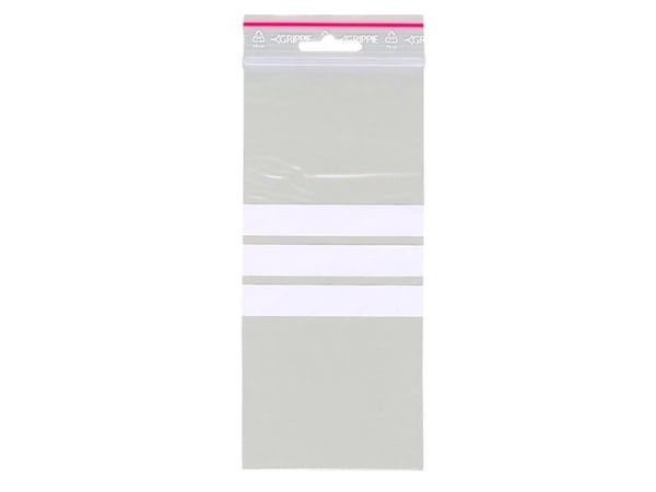 Lynlåspose, Grippie, 50 µm, 80 x 180 mm LD-PE, Transparent, med skrivefelt lynlåslukning, pakke a 10