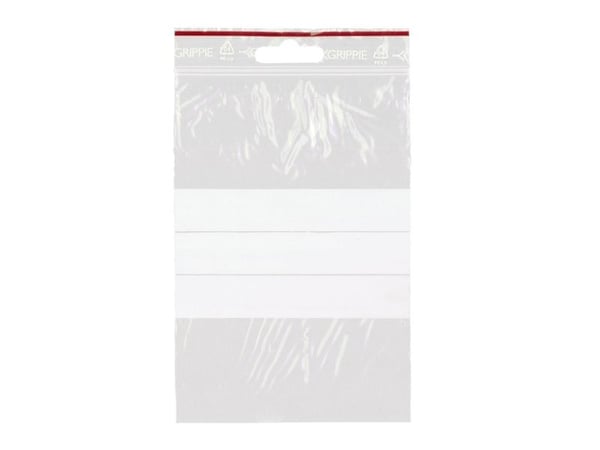 Lynlåspose, Grippie, 50 µm, 100 x 150 mm LD-PE, Transparent, med skrivefelt lynlåslukning, pakke a 1