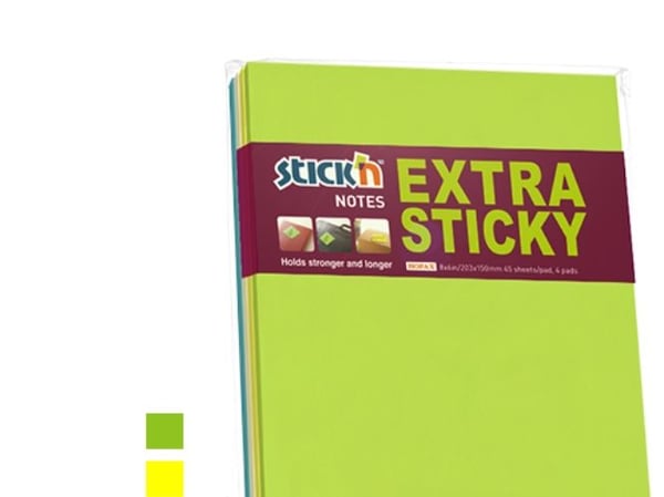 Notes, BNT Stick´n, Extra sticky assorteret, 150x203mm, pakke a 4 stk