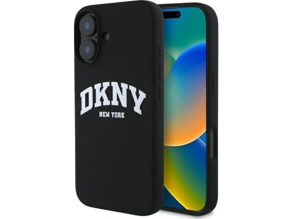 DKNY DKHMP16SSNYACH iPhone 16 6,1" svart hårt skal i silikon med vit tryckt logga MagSafe