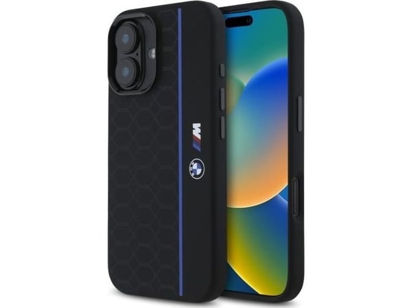 BMW BMHMP16S23SHEB mobildeksel til Apple iPhone 16 6.1" svart silikongrunn Hexagon Line MagSafe