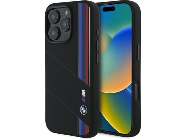 BMW BMHMP16X23SCUK Apple iPhone 16 Pro Max 6.9 "Puhelimen tapauksessa musta silikoni leikattu Tricolor Lines MagSafe