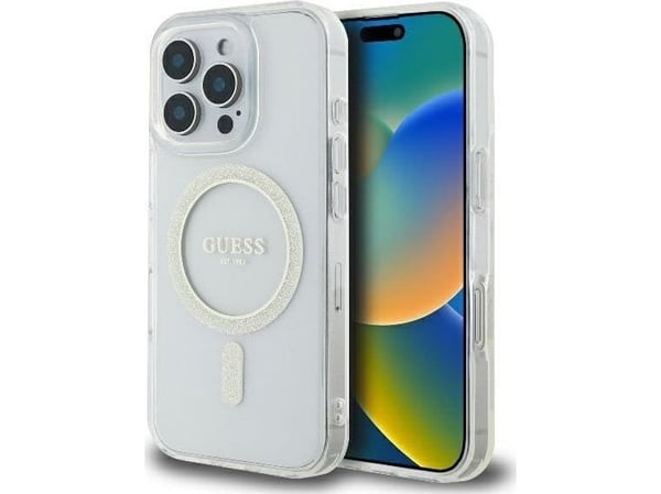 Guess GUHMP16LHFGERET iPhone 16 Pro 6,3" transparent harddeksel IML glitter sirkel MagSafe