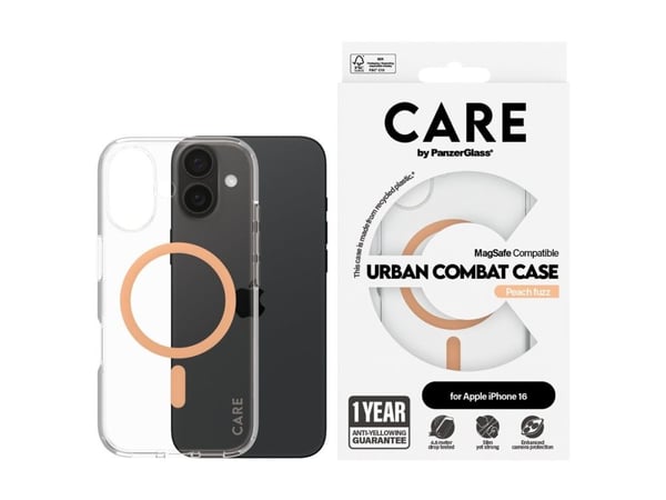 CARE by PanzerGlass Urban Combat - Baksidedeksel for mobiltelefon - MagSafe-samsvar - resirkulert plast - gjennomsiktig, ferskenfarge - for Apple i...
