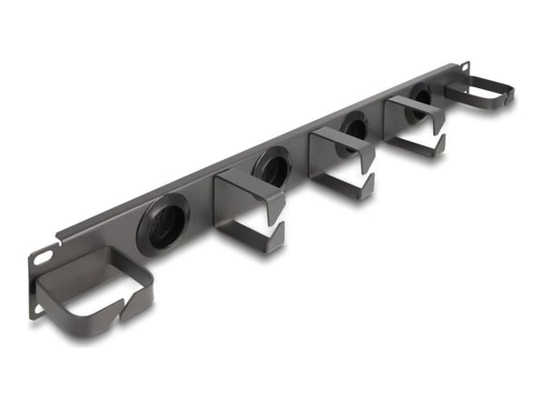 Delock 19" patchpanel för kabelhantering med 4 kabelgenomföringar av gummi och 5 metallfästen 1 U mörkgrå Delock 19" patchpanel för kabelhantering med 4 kabelgenomföringar av gummi och 5 metallfästen 1 U mörkgrå