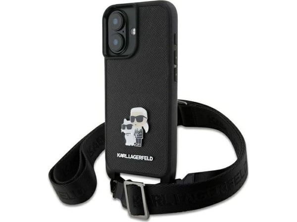 Karl Lagerfeld iPhone 16 6,1" hardcase Saffiano sort Karl&Choupette metall pin rem (KLHCP16SSAKCPBK)