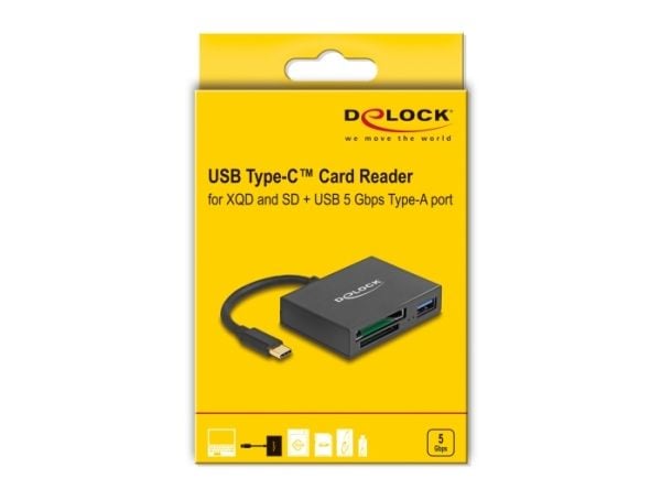 Delock USB-C-kortinlukija XQD- ja SD-muistikorteille + USB 5 Gbps Type-A-portti