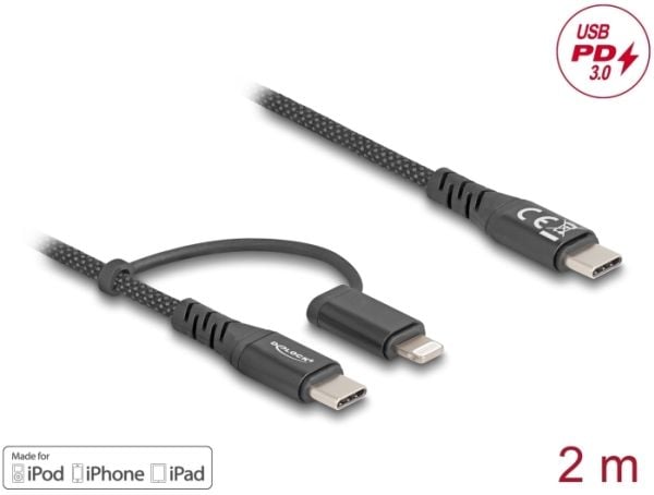 Delock - USB-kabel - 24 pin USB-C (hann) til Lightning, 24 pin USB-C (hann) - USB 3.0 - 3 A - 2 m - USB-C Power Delivery (60W) - svart