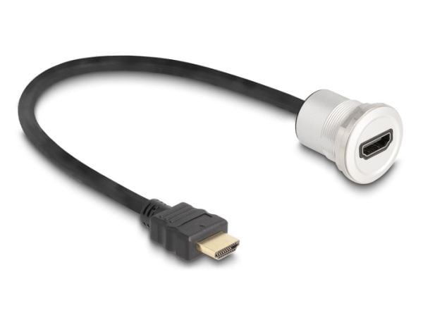 Delock - HDMI-forlengelseskabel - HDMI hann til HDMI hunn panelmonterbar - 30 cm - svart, sølv - 8 K 60 Hz (7680 x 4320) støtte, M25 thread
