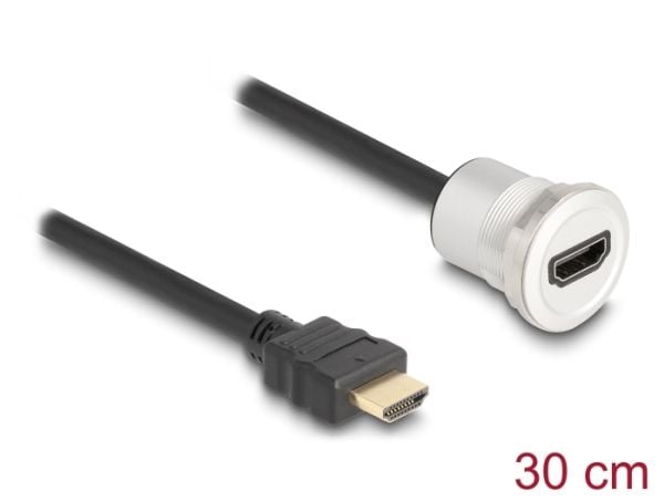 Delock - HDMI-forlengelseskabel - HDMI hann til HDMI hunn panelmonterbar - 30 cm - svart, sølv - 8 K 60 Hz (7680 x 4320) støtte, M25 thread