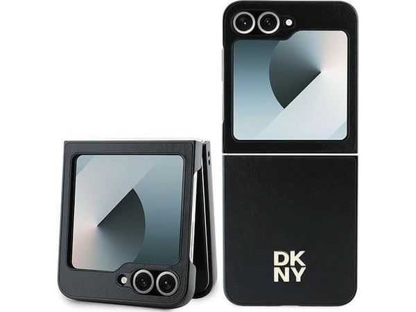 DKNY DKHCZF6PSMCSLK til Z Flip6 F741 svart skinn med Matal Stack-logo