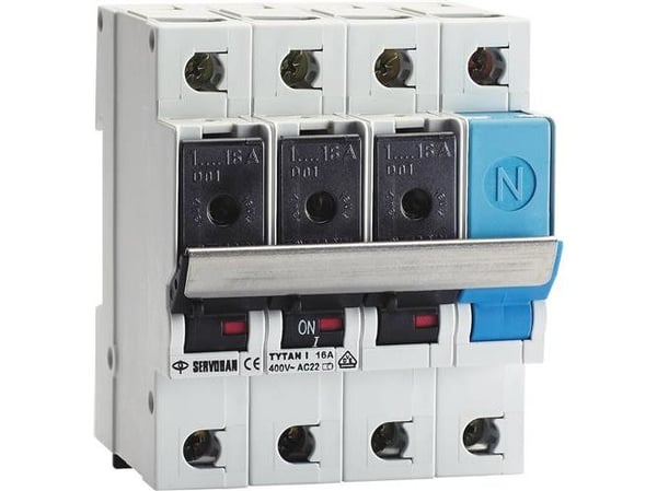 NIKO Group -kytkin TYTAN I, 3P+N, 2-16A, 400V AC, DIN-kisko, leveys 72 mm leveä - sulakelaatikko ei sisälly hintaan