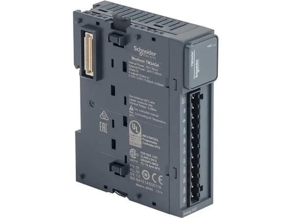 Schneider Electric TM3AQ4, Analog utmatningsmodul, 4 utgångar, Svart, IP20, Modicon M221 Modicon M241 Modicon M251 Modicon M262, CE UKCA RCM EAC CU...