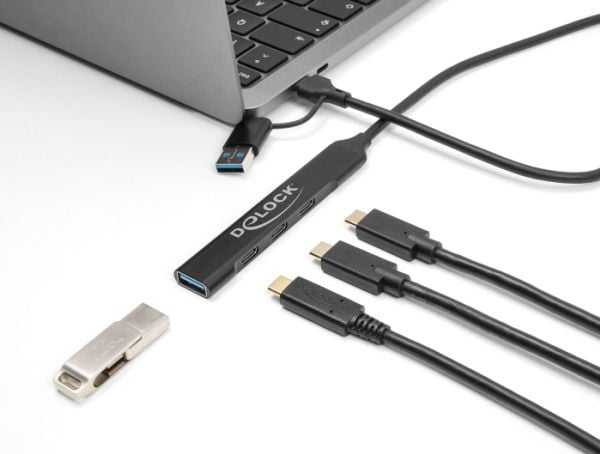 Delock 4 Port Slim USB Hub mit USB Type-C tai USB Type-A zu 3 x USB 5 Gbps USB Type-C + 1 x USB 5 Gbps Type-A