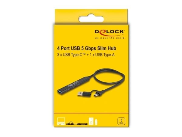 Delock 4 Port Slim USB Hub mit USB Type-C tai USB Type-A zu 3 x USB 5 Gbps USB Type-C + 1 x USB 5 Gbps Type-A