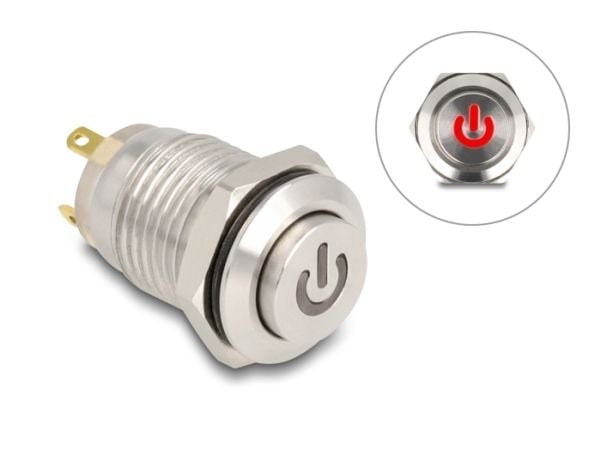 Delock - Push button - for 12 mm installation, 4 x solder connection, red power symbol LED - panelmonterbar - AC 230 V - sølv