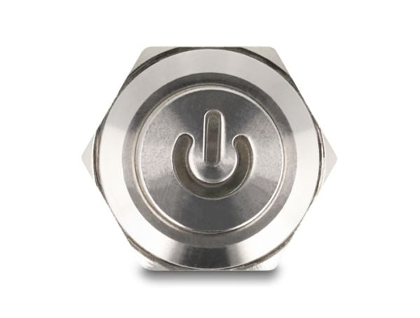Delock - Push button - for 12 mm installation, 4 x solder connection, red power symbol LED - panelmonterbar - AC 230 V - sølv