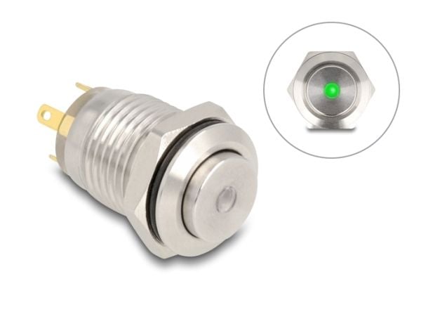 Delock - Push button - for 12 mm installation, 4 x solder connection, green LED dot - panelmonterbar - AC 230 V - sølv