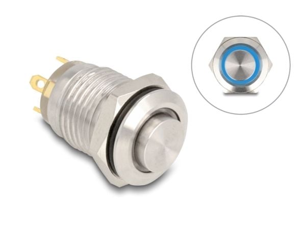 Delock - Push button - for 12 mm installation, 4 x solder connection, blue LED - panelmonterbar - AC 230 V - sølv