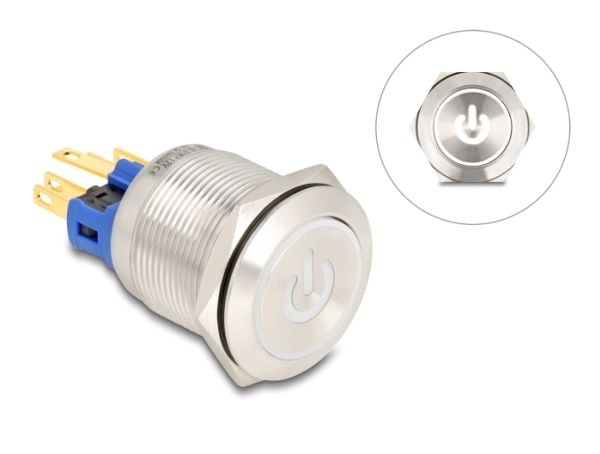 Delock - Push button - for 22 mm installation, 6 x solder connection, white LED power symbol and ring - panelmonterbar - AC 230 V - sølv