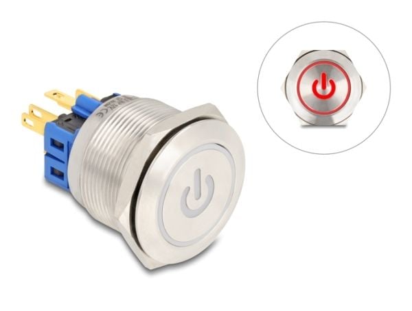 Delock - Push button - for 25 mm installation, 6 x solder connection, red LED power symbol and ring - panelmonterbar - AC 230 V - sølv