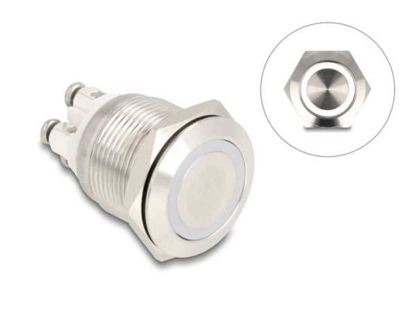 Delock - Push button - for 19 mm installation, 4 x screw terminal, white LED - panelmonterbar - AC 230 V - sølv