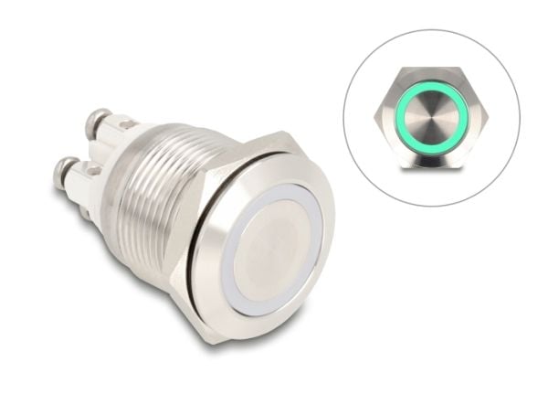 Delock - Push button - for 19 mm installation, 4 x screw terminal, green LED - panelmonterbar - AC 230 V - sølv