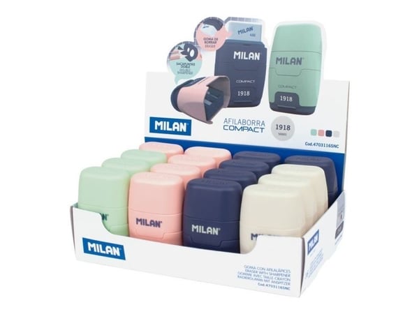 MILAN Compact 1918 Double Pencil Teroitin ja Eraser 16 kpl näyttö