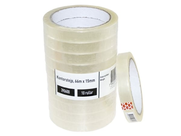 Kontortape 66m x 15mm PP klar - (10 stk./pakning)