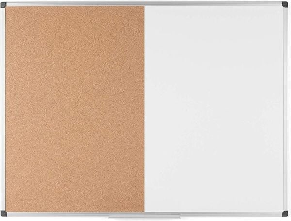 Förvaringstavla kombi whiteboard/kork, aluminiumram 90x60 cm