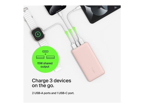 Belkin BoostCharge - Strømbank - 10000 mAh - 18 watt - 3 utgangskontakter (USB-C, 2 x USB) - rosagull
