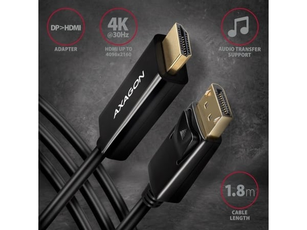AXAGON RVD-HI14C2 DisplayPort-HDMI-sovitinkaapeli, 4K/30 Hz, 180 cm pitkä - musta