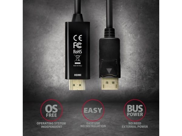 AXAGON RVD-HI14C2 DisplayPort-HDMI-sovitinkaapeli, 4K/30 Hz, 180 cm pitkä - musta