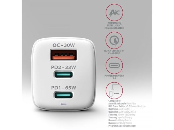 AXAGON ACU-DPQ65W - Strømadapter - 65 watt - 1.5 A - PD 2.0, PD 3.0, QC 2.0, QC 3.0, QC 4.0+, Huawei Fast Charge, SCP, PD/PPS, AFC, SFC, SFC 2.0, P...
