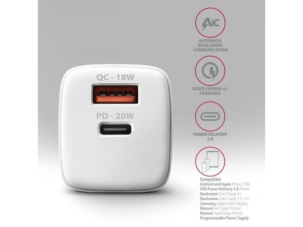 AXAGON ACU-PQ20W - Strømadapter - 20 watt - 3 A - PD 2.0, PD 3.0, QC 2.0, QC 3.0, QC 4.0+, Huawei Fast Charge, SCP, PD/PPS, AFC, PE+, PE 2.0+ - 2 u...
