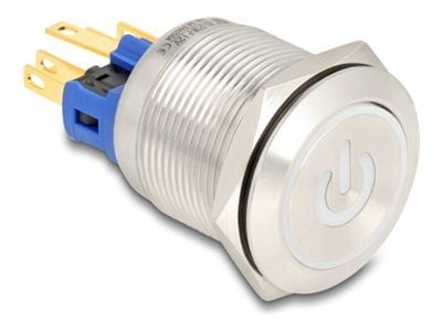 Delock - Push button - for 22 mm installation, 6 x solder connection, white LED power symbol and ring - panelmonterbar - AC 230 V - sølv