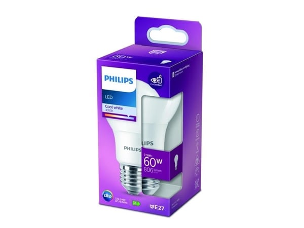 Philips LED - LED-lyspære - form: A60 - mattslipt finish - E27 - 7 W (ekvivalent 60 W) - klasse E - kjølilg hvitt lys - 4000 K